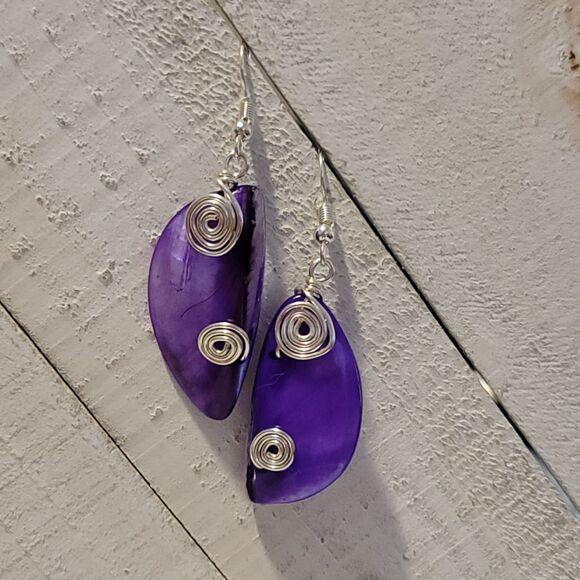 Upcycled Purple Shell Dangle Earrings with Silver Wire Spiral Accents - Picture 2 of 2
